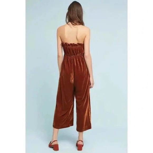 Anthropologie Kristinit Velvet Jumpsuit Rust Orange Brown Copper Ruffle Halter L - Picture 3 of 6